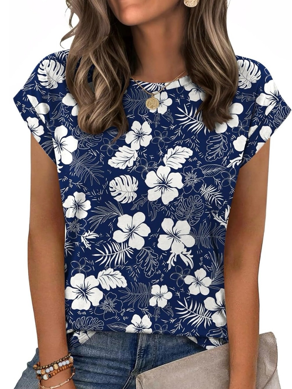 zeagoo Navy Blue White Floral Short Sleeve Top